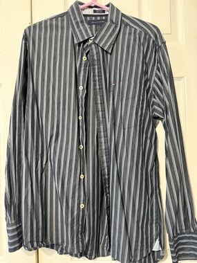 Tommy Hilfiger Men's Navy and White Striped Dress Shirt